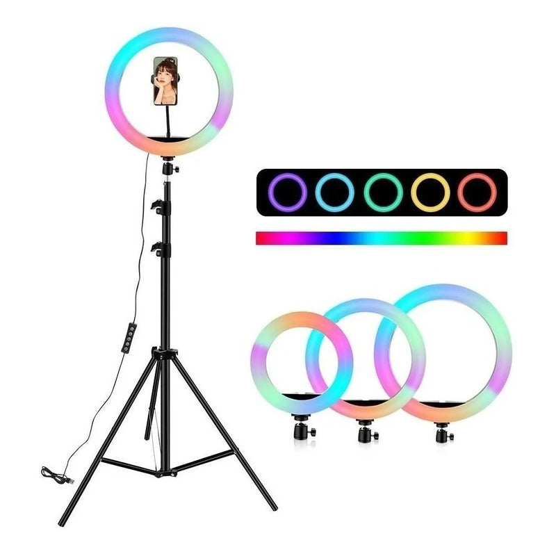 Aro Multi Colores Luz Lampara Led 26cm Ajustable + Tripode