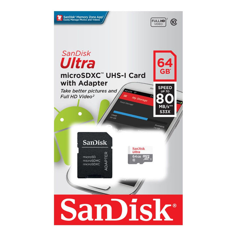 Tarjeta De Memoria  Sandisk Sdsqunr-064g-gn3ma  Ultra Con Adaptador Sd 64gb