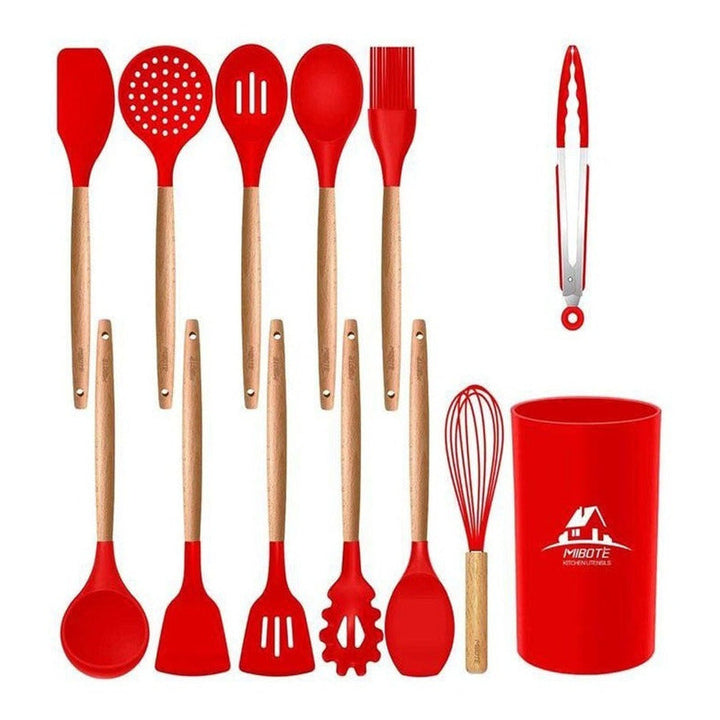 Set De Utensilios De Cocina En Silicona Madera Por 12 Rojo