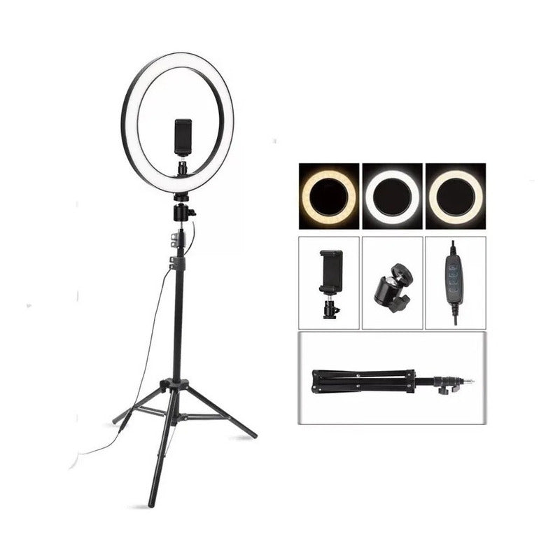 Aro Luz Led Para Fotografia Y Video 33 Cm Con Tripode 2.20 M Color De La Estructura Negro