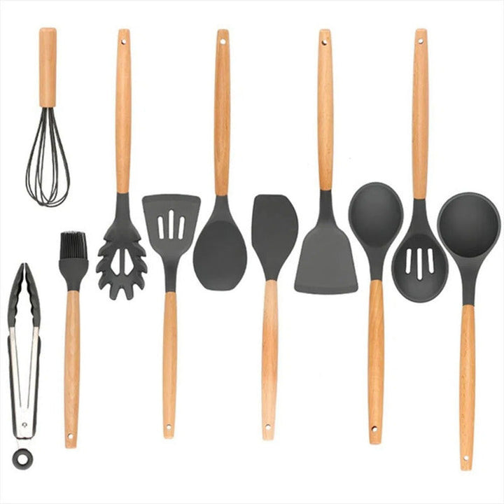 Set 12 Utensilios De Cocina Silicona Resistente Calor Gris