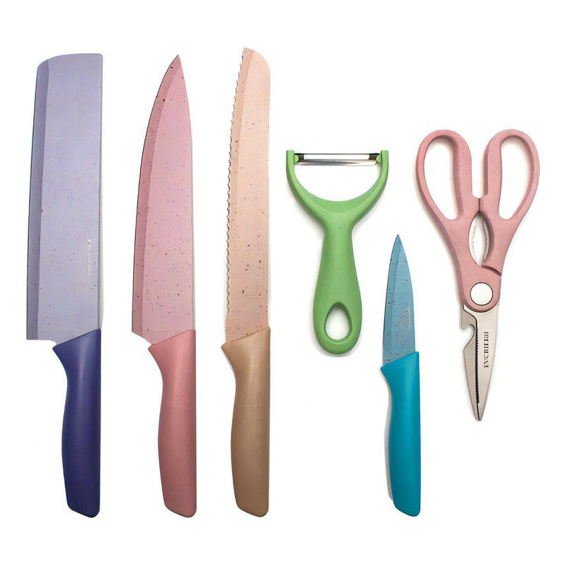 Set Cuchillos 6 Pzs Acero Inoxidable Mármol Mango Ergonómico Color Pastel