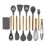 Set De Utensilios De Cocina En Silicona Madera Por 12 Gris