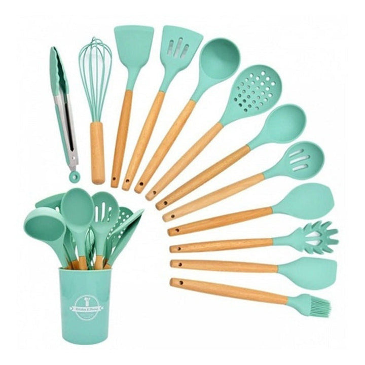 Set De Utensilios De Cocina En Silicona Madera Por 12 Verde