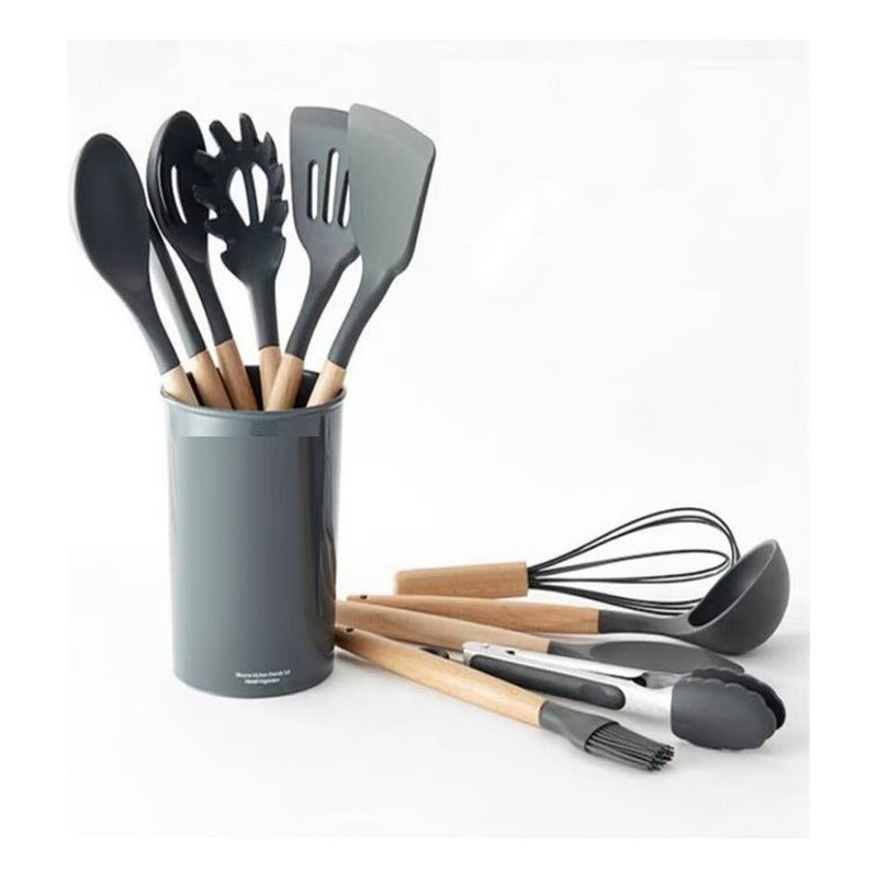 Set De Utensilios De Cocina 12 Piezas En Silicona Color Gris Oscuro