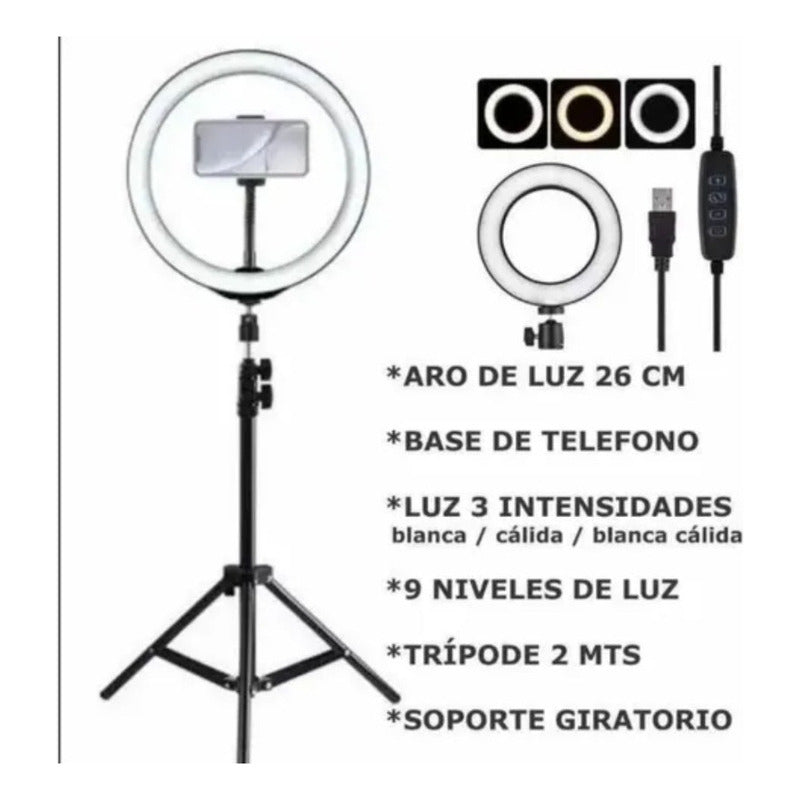 Aro De Luz De 26cm+tripode Ajustable Con Soporte Celular