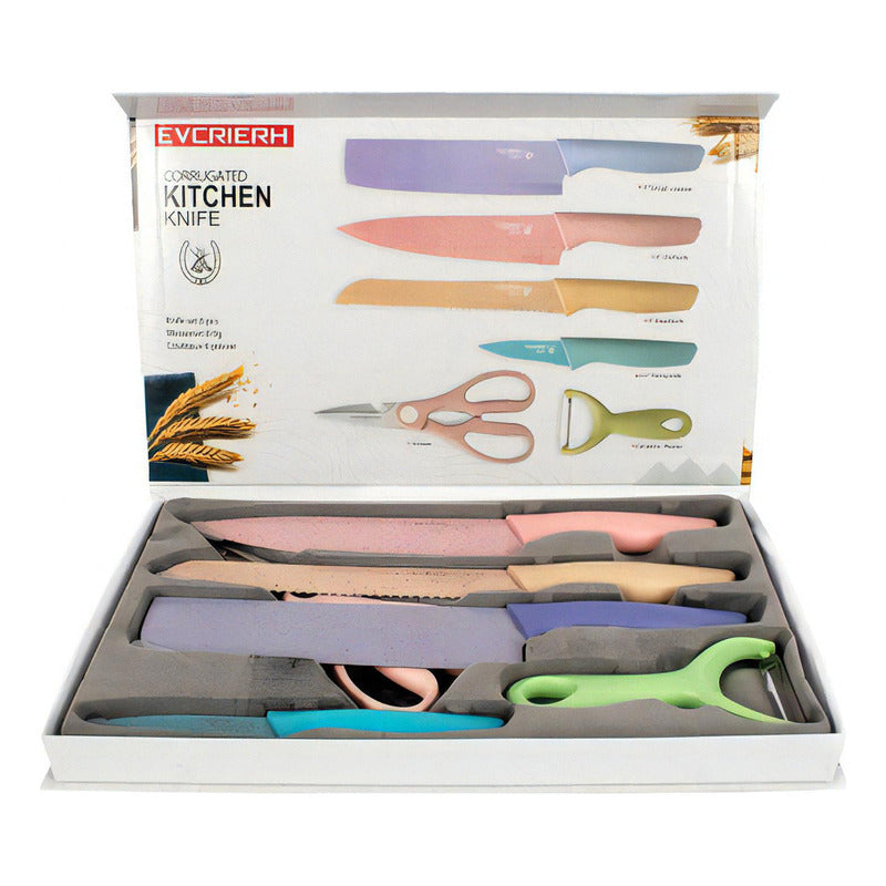 Set Cuchillos 6 Pzs Acero Inoxidable Mármol Mango Ergonómico Color Pastel