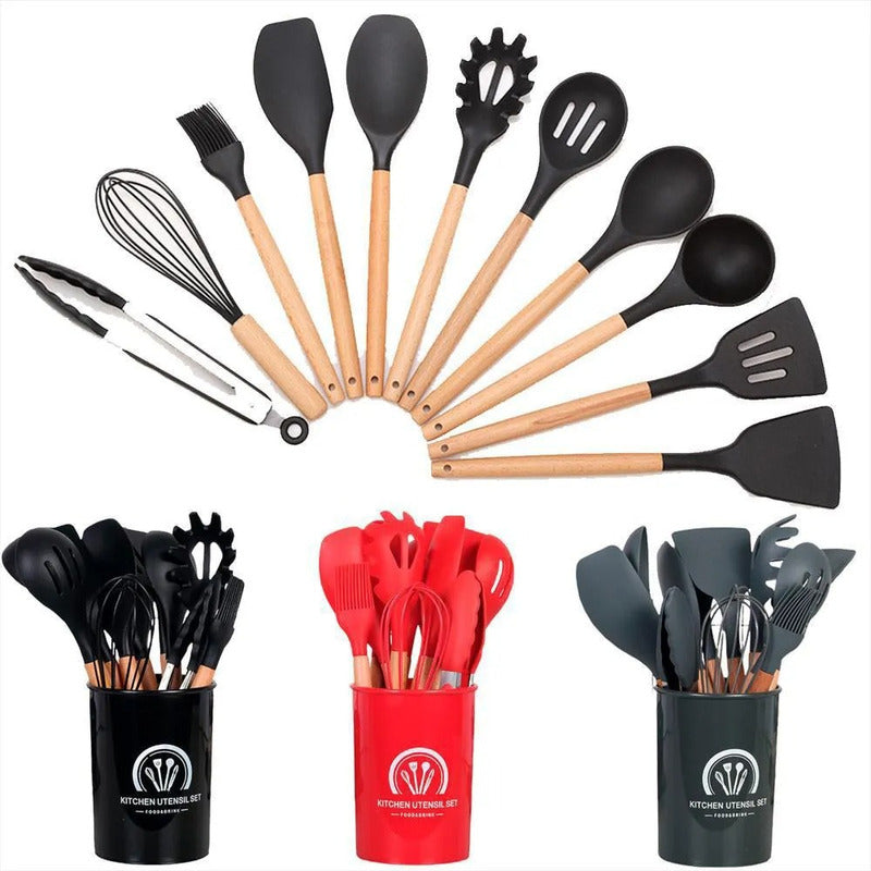 Set De Utensilios De Cocina 12 Piezas En Silicona Color Gris Oscuro