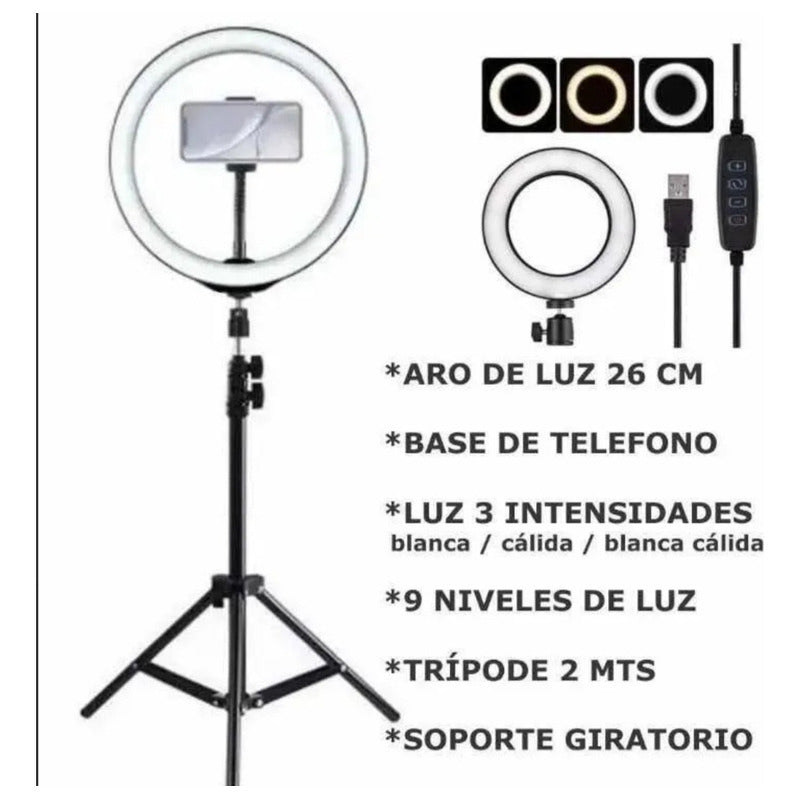 Aro De Luz Led Fotografía Selfie + Trípode + Control + Base Color De La Estructura Negro Color De La Luz Blanco 110v