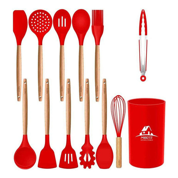 Set 12 Utensilios De Cocina Silicona Resistente Calor Rojo
