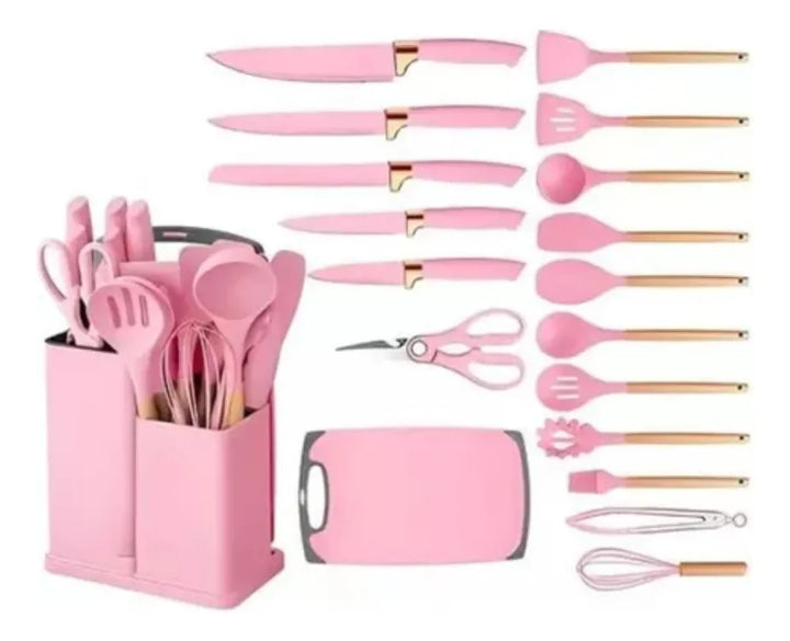 Set Utensilios Cocina Siliconados X 19 Pcs Color Rosa