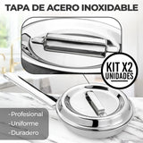 Set X2 Sartén Acero Quirúrgico 1810 Con Tapa Cocina Gourmet Plateado