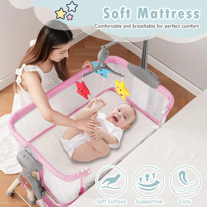 Cuna Mecedora 3 En 1 Para Bebé Rosa Con Música Y Almacenamie