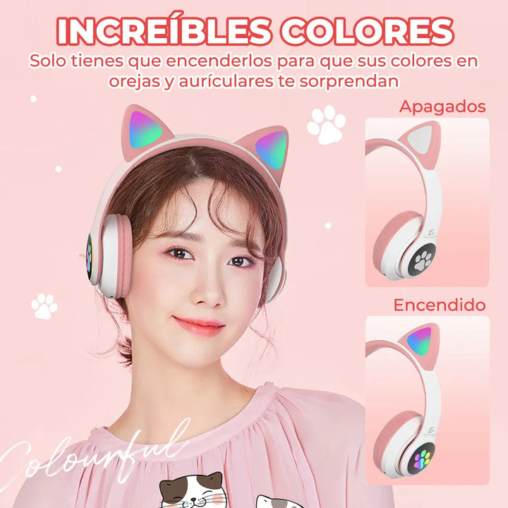 Diadema Gato Auriculares Bluetooth Colorido Led Luminoso