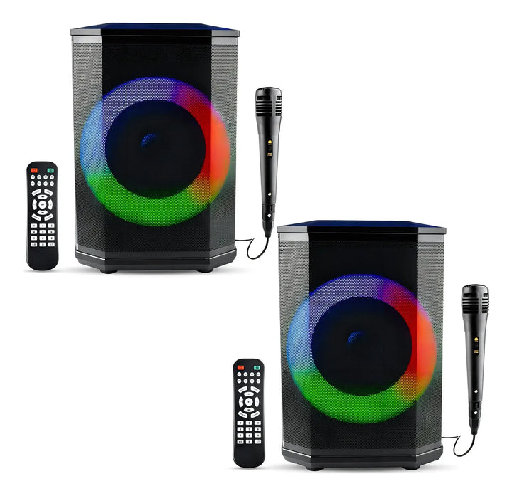 Set x2 Bafles Recargables 8" 30W Con Micrófono, Radio FM, Luces LED y Bluetooth Sonido Potente y Portátil Ideal Para Fiestas, Reuniones o Eventos en Casa o al Aire Libre