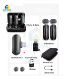 Micrófono Inalambrico Solapa Color Negro Conexión USB tipo C Portátil Iphone Android Compatible Apple Filtro Antipop Condensador Estuche Carga 3 en 1 Combo Duo