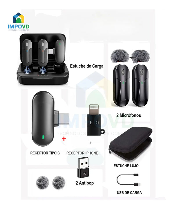 Micrófono Inalambrico Solapa Color Negro Conexión USB tipo C Portátil Iphone Android Compatible Apple Filtro Antipop Condensador Estuche Carga 3 en 1 Combo Duo