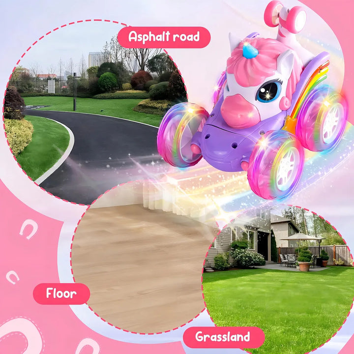 Carro a Control Remoto Macrooutlet Modelo Unicornio Y Tiburón Fucsia Luces y Sonidos