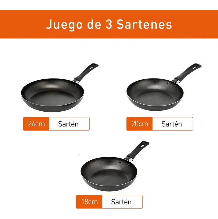 Juego De 3 Sartenes Imusa De 18,20 Y 24 Cm Color Negro