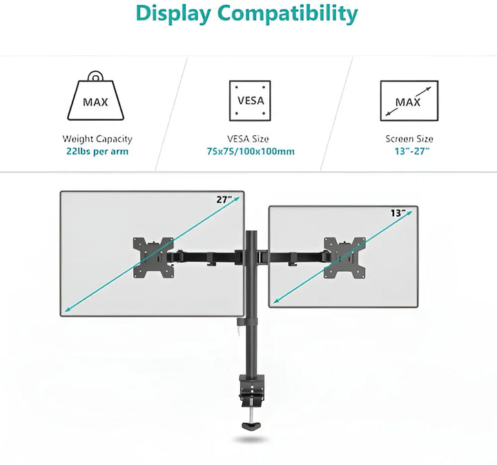 Soporte Para 2 Monitores Doble Dual Escritorio Wali M002-32 Negro Tamaño de 13" a 32"