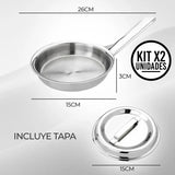 Set X2 Sartén Acero Quirúrgico 1810 Con Tapa Cocina Gourmet Plateado