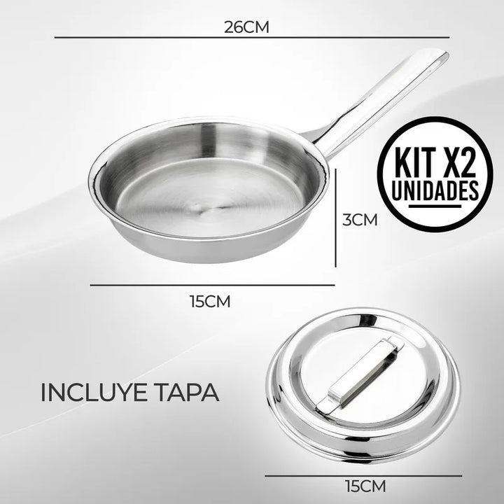 Set X2 Sartén Acero Quirúrgico 1810 Con Tapa Cocina Gourmet Plateado