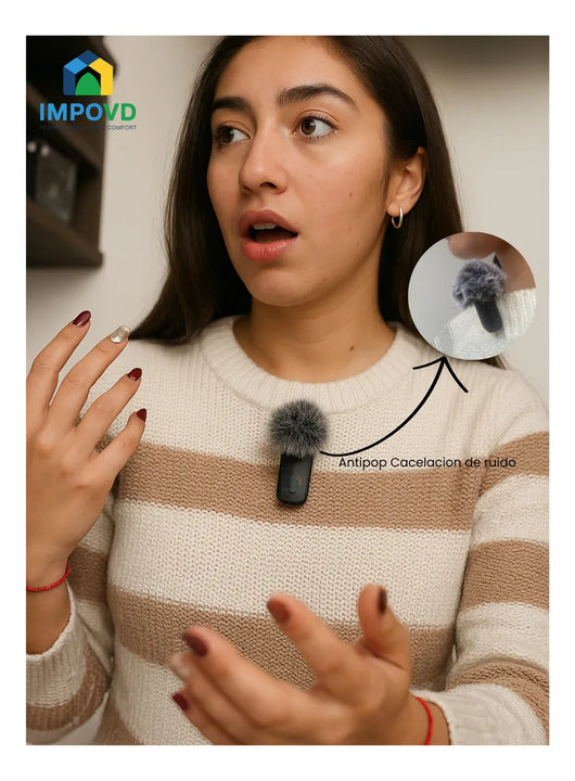 Micrófono Inalambrico Solapa Color Negro Conexión USB tipo C Portátil Iphone Android Compatible Apple Filtro Antipop Condensador Estuche Carga 3 en 1 Combo Duo