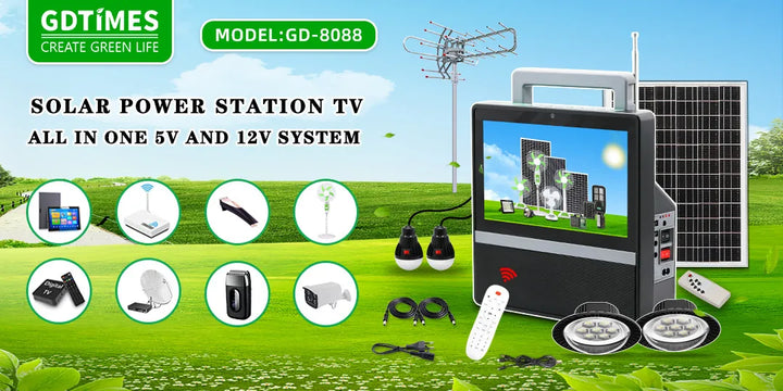 Tv Portatil Con Panel Solar Lamparas Led Bombillos Gd-8088