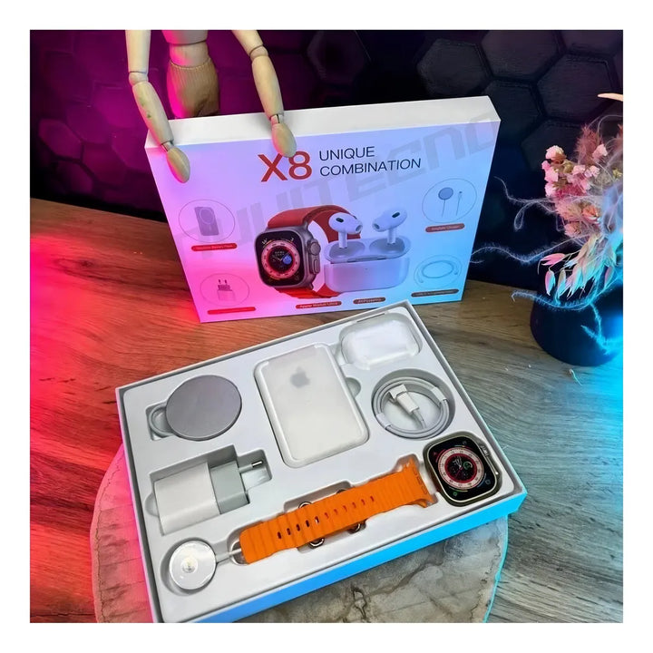 Combo Unique Reloj X8 Ultra Smartwatch Naranja + Audífonos + Power Bank 10000mAh