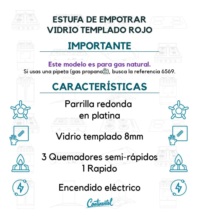 Estufa De Empotrar Vidrio Templado 62x52cm Gas Natural 6545 Rojo