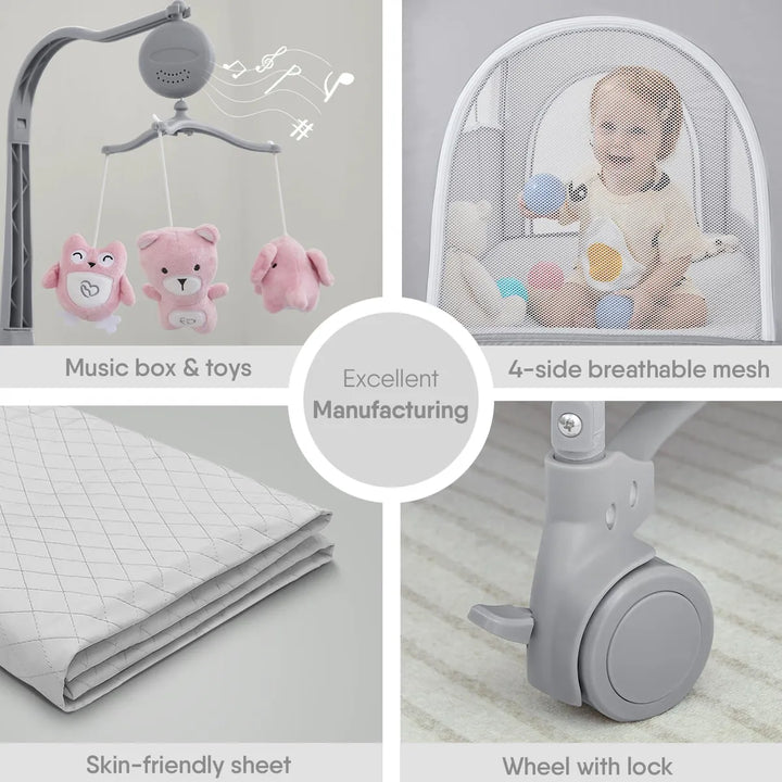 Cuna De Bebé Portátil Con Colchón Y Cambiador Rosa