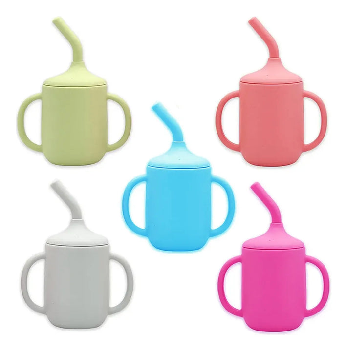 Vaso Pitillo Silicona Bebés Taza Entrenamiento Con Cepillo Color Celeste