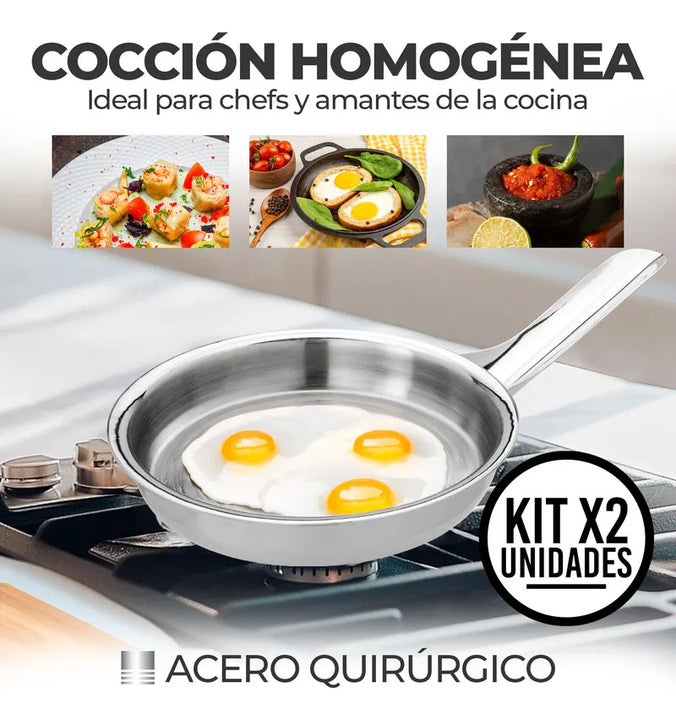 Set X2 Sartén Acero Quirúrgico 1810 Con Tapa Cocina Gourmet Plateado