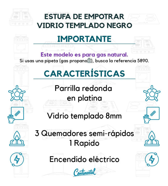 Estufa Continental Empotrar 4 Puestos Vidrio Templado 60×51 cm Gas Natural Modelo 5883