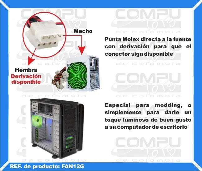 Zfan12g Ventilador Acrilico 4 Led Verde 12x12 Cms Computoys