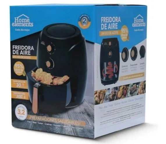 Freidora De Aire 3.2 Lts Home Elements Sin Aceite Air Fryer Negro