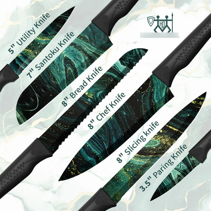 Juego De 12 Cuchillos De Cocina Coloridos Piedra Verde