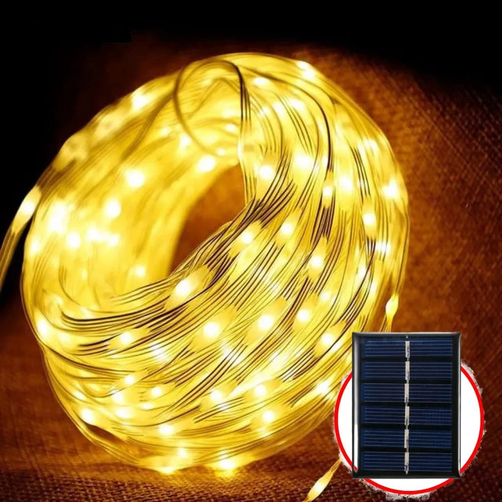 Luz Led Navideña Recargable De Alambre Con Panel Solar 100 Amarillo