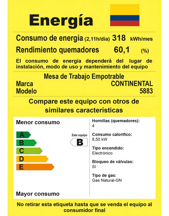 Estufa Continental Empotrar 4 Puestos Vidrio Templado 60×51 cm Gas Natural Modelo 5883