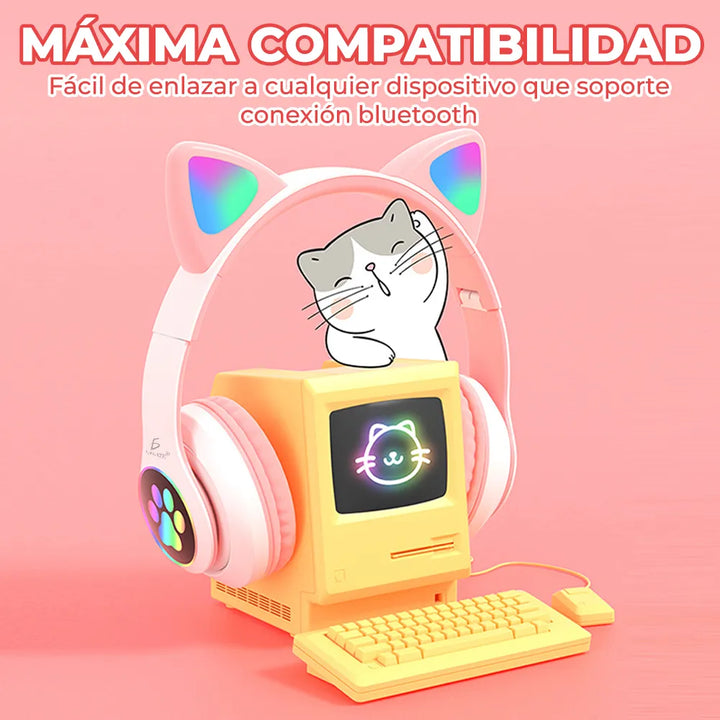 Diadema Gato Auriculares Bluetooth Colorido Led Luminoso