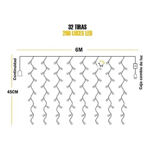 Cortina Navideña 200led 6m Cálida Luz Fija Decoración Amarillo
