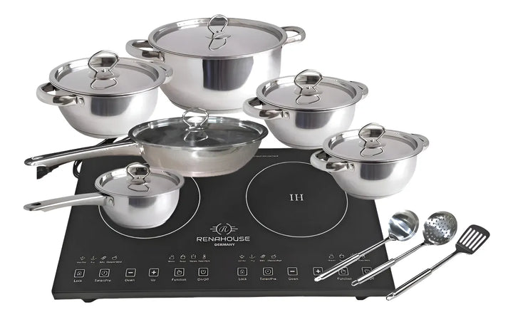 Estufa De Inducción 2p + Batería De Ollas En Acero Renahouse Plateado