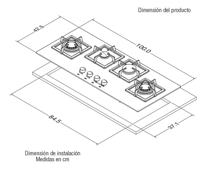 Estufa de Empotrar Vidrio Templado Cuatro Puestos 100 cm Gas Natural
