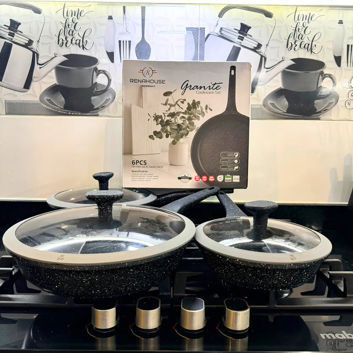 Juego De Sartenes En Mármol Renahouse Tapa De Vidrio 6 Pcs Color Negro