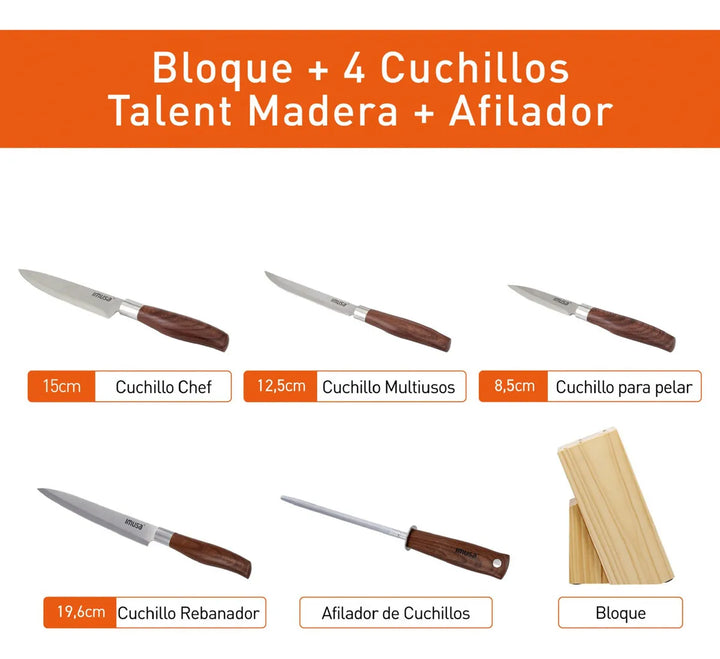 Bloque Cuchillos Imusa Talent Madera 4 Cuchillos + Afilador Color Marrón