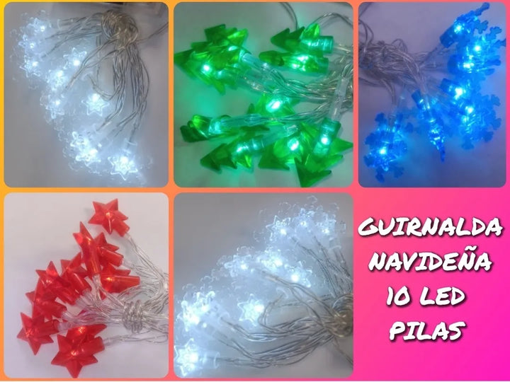 Guirnalda 10 Led 1.20mt Luz Calida Blanca Pilas Aa Cadena Blanco