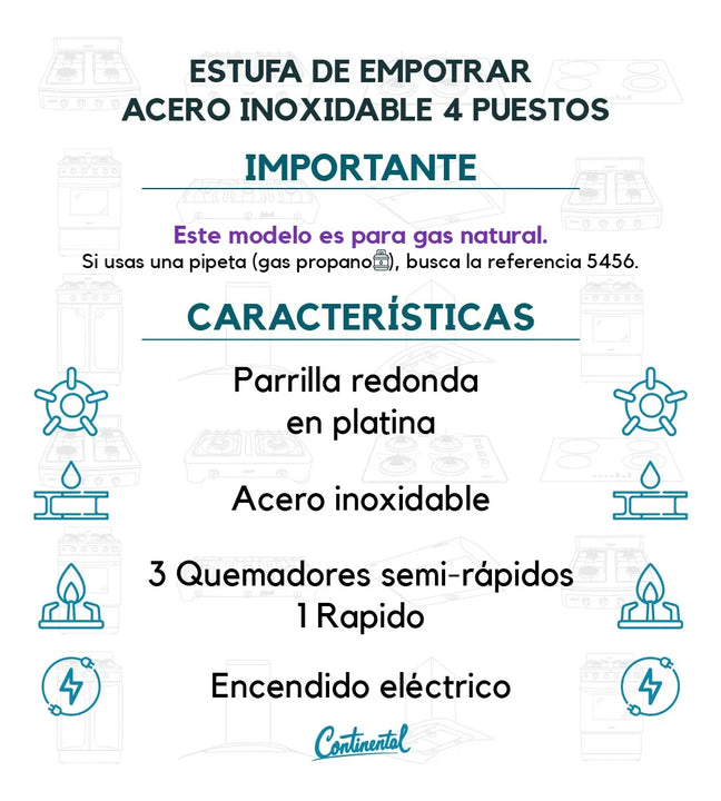 Estufa Empotrar Acero Inoxidable 61*51 Cm Gas Natural 5463 Gris