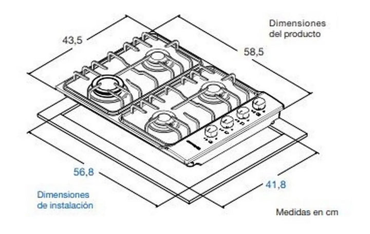 Estufa De Empotrar A Gas 4 Puestos Acero Inoxidable 58.5cm Plateado