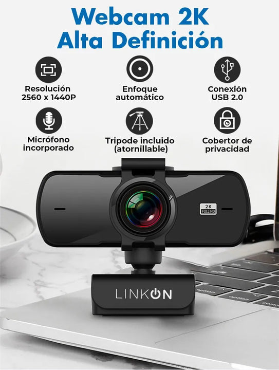 Webcam Camara Web Linkon 2k 1440p Usb Microfono + Tripode Color Negro