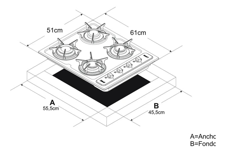 Estufa Empotrar Acero Inoxidable 61*51 Cm Gas Natural 5463 Gris